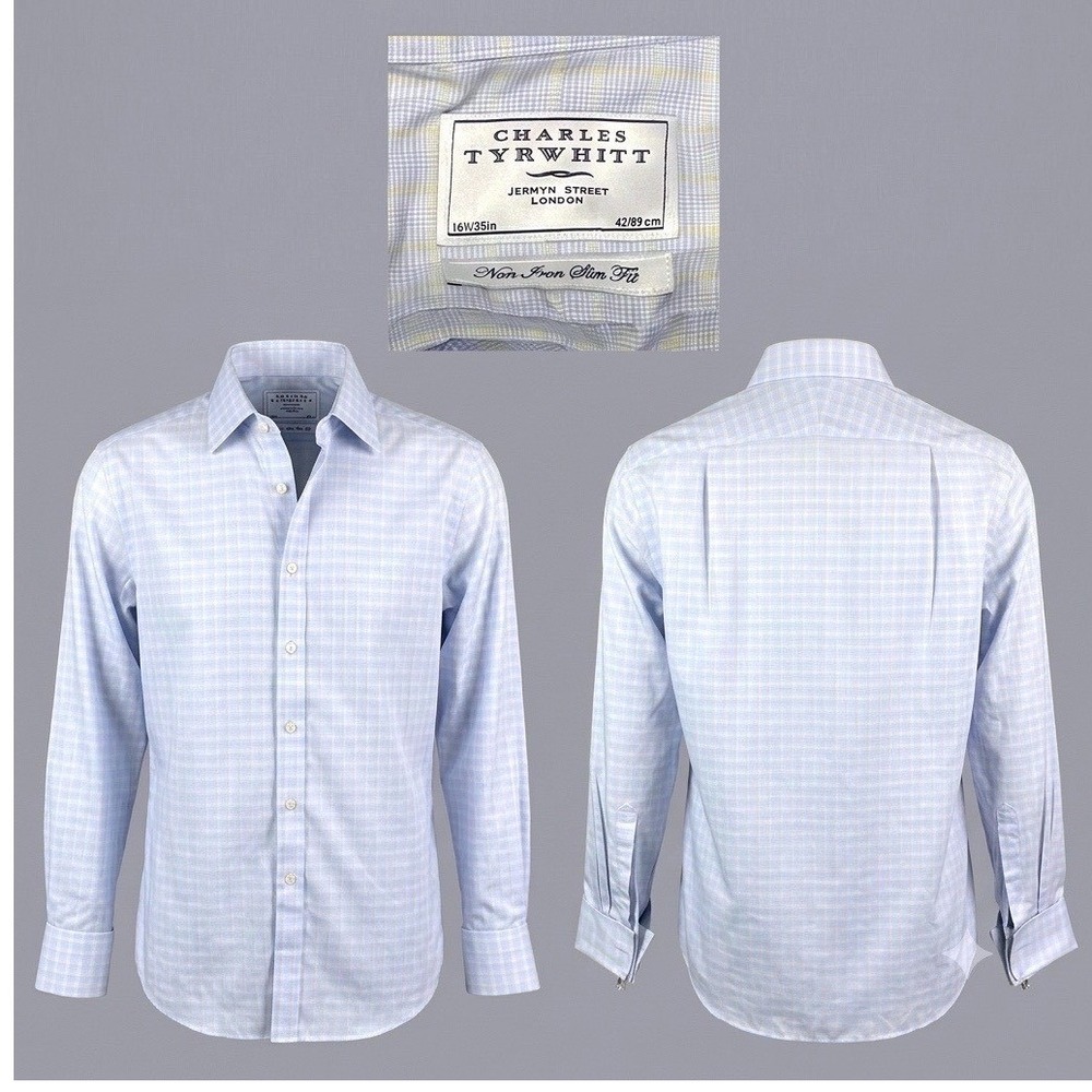 Charles Tyrwhitt Mens 16.5 35 Slim‎ Fit French Cuff Blue Yellow Check Shirt Luxe